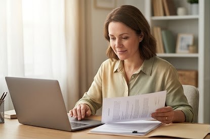 Homeschool parent organizing transcript records at a home desk